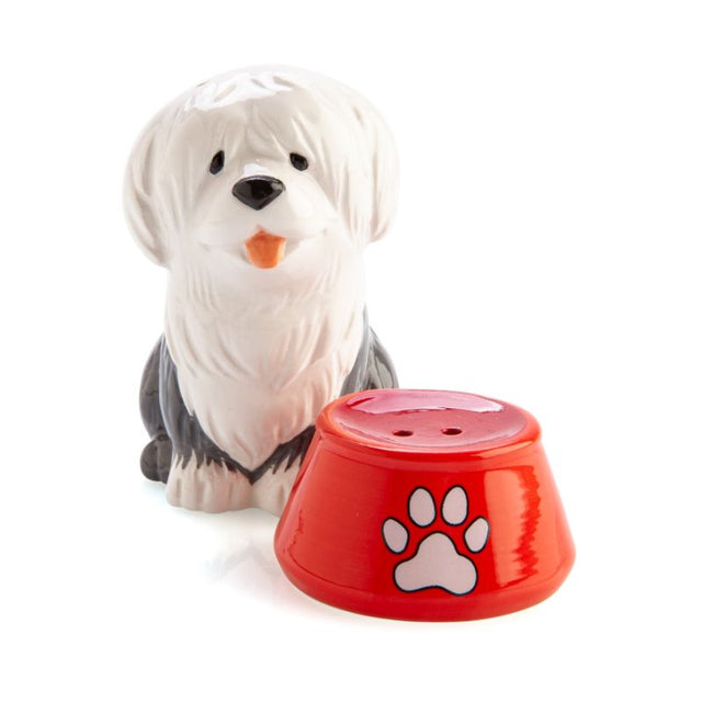 Salt and pepper set featuring an Old English Sheepdog and red bowl, perfect for dog lovers and collectors.