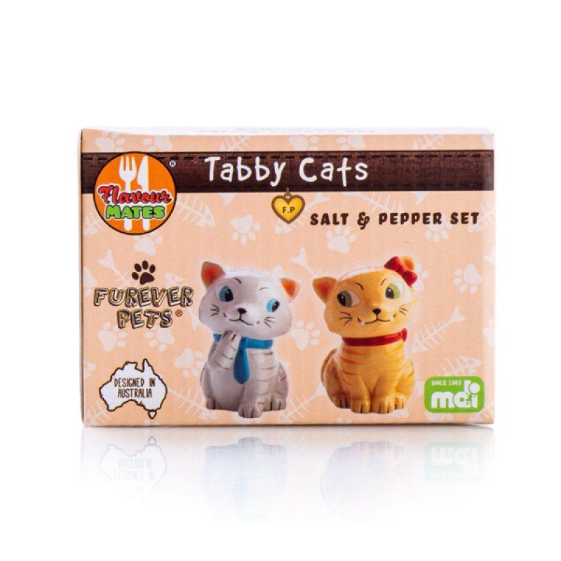 Charming tabby cat salt and pepper set featuring a grey cat in a blue tie and a ginger cat with red bows, perfect for cat lovers.