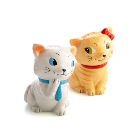 Charming tabby cat salt and pepper shakers, one grey with blue tie, one ginger with red bows, perfect for cat lovers.