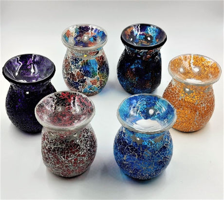 Set of 6 hand-crafted Turkish mosaic oil burners featuring vibrant colors and intricate designs for a calming ambiance.