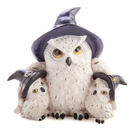 Charming Snowy Owl Family figurine with witch hats, crafted from polyresin, measuring 13.5 cm, perfect for home decor.