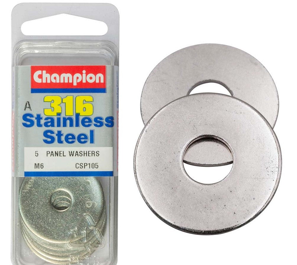 6mm panel washer made from 316/A4 stainless steel, ideal for corrosion resistance in marine and outdoor applications. Pack of 5.