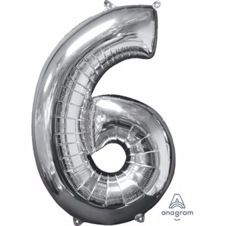 Sleek 66cm silver foil balloon shaped like the number six, perfect for elegant party decorations and celebrations.