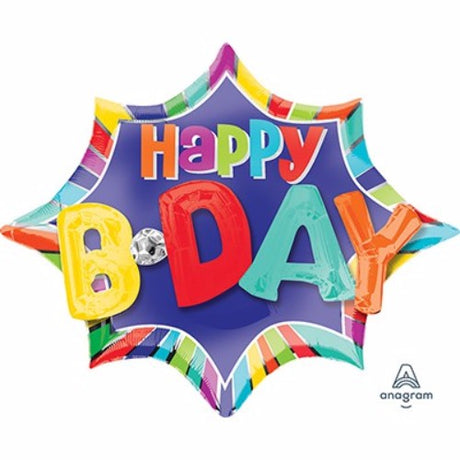 Vibrant star and stripe-patterned Happy B-DAY foil balloon, 88cm x 73cm, perfect for festive birthday celebrations.