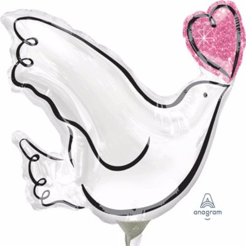 Mini white dove and pink heart foil balloon, 20cm, ideal for weddings and romantic events, requires air inflation and heat sealing.