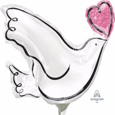 Mini white dove and pink heart foil balloon, 20cm, ideal for weddings and romantic events, requires air inflation and heat sealing.