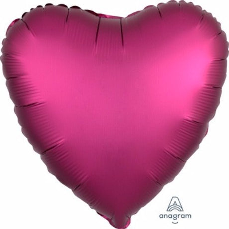 Heart-shaped 45cm pomegranate satin foil balloon, perfect for elegant celebrations, self-sealing and requires helium.