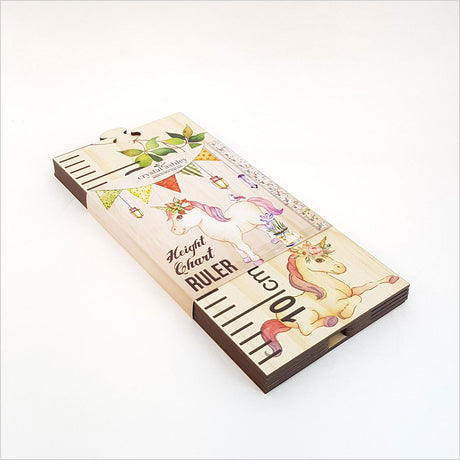 Whimsical unicorn growth chart ruler for kids, made from eco-friendly pine veneer, measuring 1.5m tall and 145mm wide.