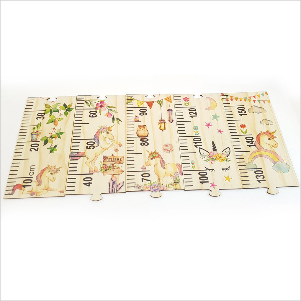 Whimsical unicorn growth chart ruler made of eco-friendly pine veneer, measuring 1.5m tall, perfect for tracking children's height.