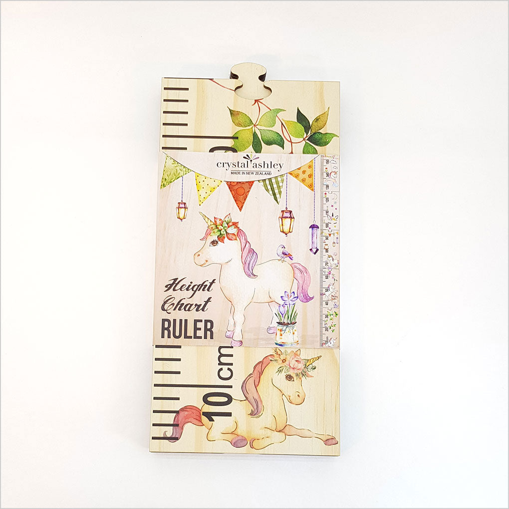 Unicorn Growth Chart Ruler in eco-friendly pine veneer, 1.5m tall, with whimsical design for tracking children's growth.