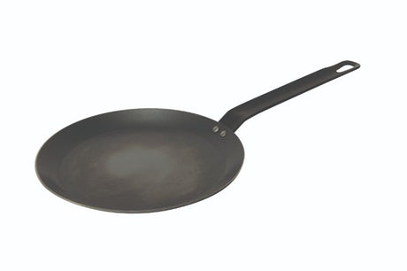 Pyrolux Industry Blue Steel Crepe Pan (22cm) with triple-riveted handle, designed for high-temperature, oil-free cooking.