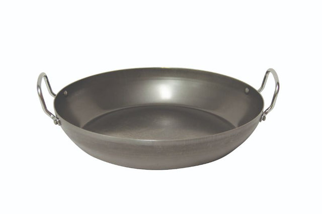 Blue steel 32cm paella pan designed for high temperatures, oil-free cooking, and suitable for all heat sources.