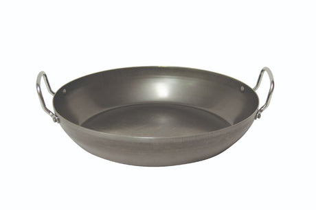 40cm Pyrolux blue steel paella pan, designed for high heat, healthier cooking, and even heat distribution for delicious dishes.