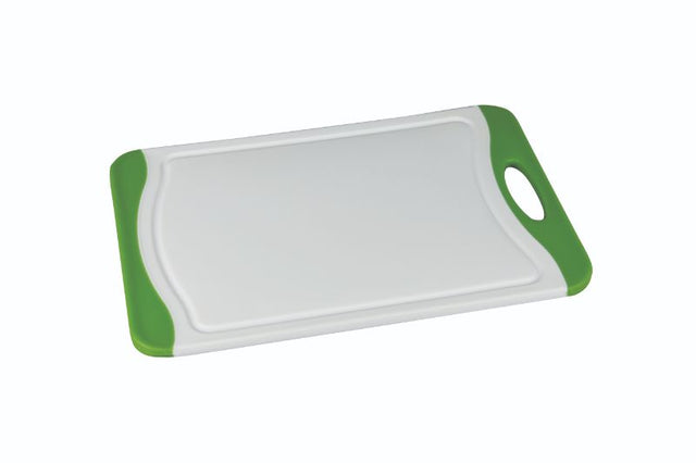 Green Pyrolux cutting board (29cm) with antimicrobial protection, reversible design, juice groove, and non-slip handles.