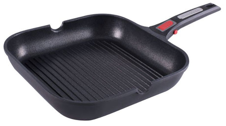 28cm Pyrolux Connect Grill Pan in black, featuring durable cast aluminum, PFOA-free non-stick coating, and removable safety handle.