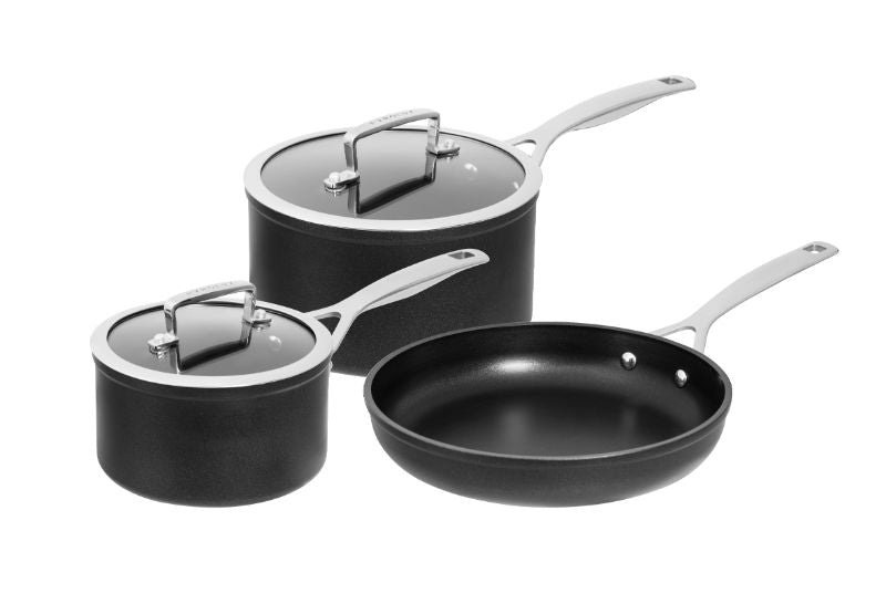 Three-piece Pyrolux Ignite cookware set featuring non-stick coating, cool-touch handles, and compatibility with all heat sources.