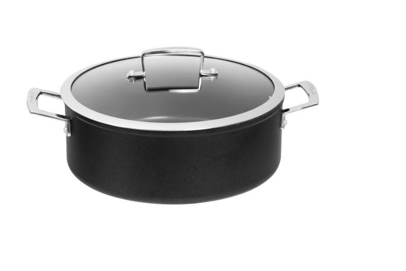 Black 28cm Pyrolux Ignite Casserole With Lid, featuring a durable non-stick surface and cool-touch handles, perfect for versatile cooking.