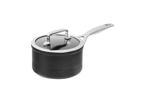 Pyrolux Ignite 18cm saucepan in forged aluminum with non-stick coating, tempered glass lid, and stay-cool handle for versatile cooking.