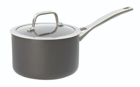 16CM Pyrolux saucepan with PFOA-free non-stick coating, tempered glass lid, and durable die-cast aluminum for all heat sources.