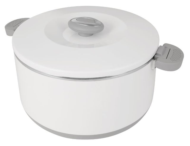 Insulated 10L Pyrolux food warmer with stainless steel interior, airtight lid, and handles for easy transport.