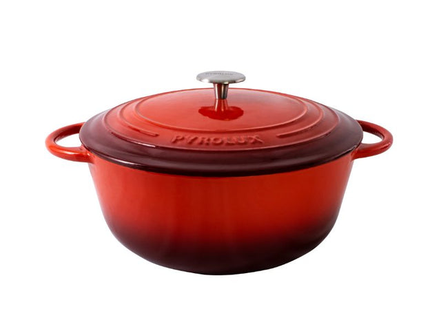 Tall red enamelled cast iron casserole with stainless steel knobs, 24cm diameter, 4L capacity, suitable for all stovetops.