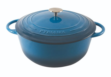 Enamelled cast iron Pyrolux Pyrochef Blue casserole, 28cm, 6L capacity, lightweight, oven-safe, suitable for all stovetops.