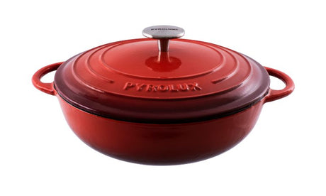 Elegant red 24cm Pyrolux Pyrochef Chef Pan, lightweight cast iron for versatile cooking, featuring moisture retention and easy food release.