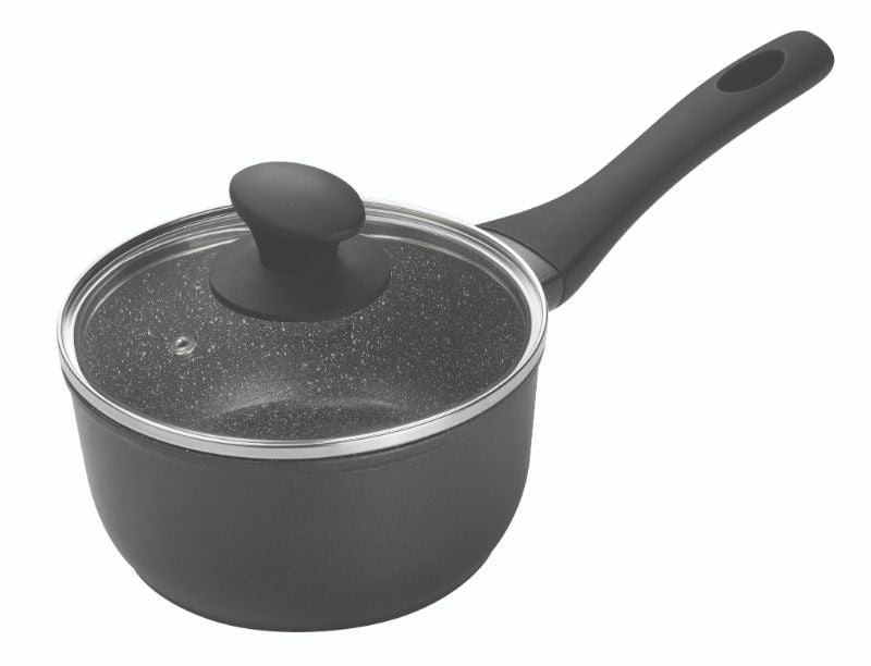 16cm Pyrolux Pyrostone saucepan with non-stick coating, tempered glass lid, ergonomic handle, and speckled stone-like interior.