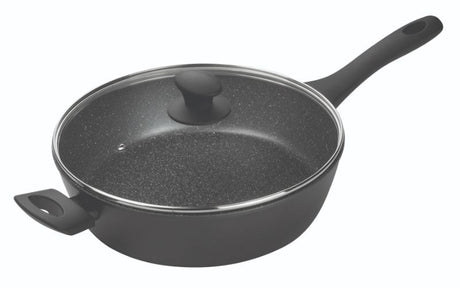 28cm Pyrolux Pyrostone Saute Pan with non-stick surface, tempered glass lid, and ergonomic handles for versatile cooking.