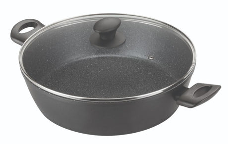 30cm Pyrolux Pyrostone Chef Pan with a non-stick surface, tempered glass lid, and ergonomic handles for versatile cooking.