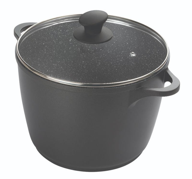 Durable 24cm Pyrolux Pyrostone stockpot with PFOA-free non-stick coating and tempered glass lid for versatile cooking.