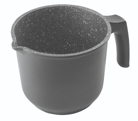 Stylish 1.5L PYROLUX Pyrostone milk jug with non-stick coating, ergonomic handle, and speckled interior for easy pouring and cleanup.