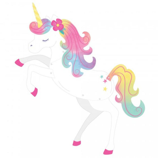 Vibrant 99cm x 89cm enchanted unicorn jointed cutout, perfect for children's parties and whimsical decorations.