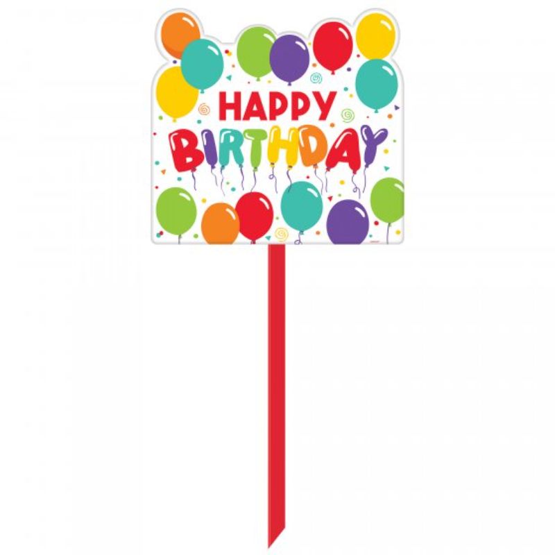 Vibrant Birthday Celebration Yard Sign with 35cm x 38cm design on a 63cm stick, ideal for outdoor party decoration.