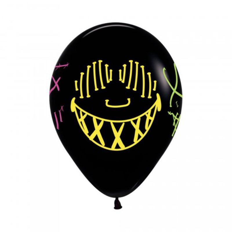 Black latex balloons with vibrant neon mask designs, perfect for parties and events, pack of 12 for festive decor.