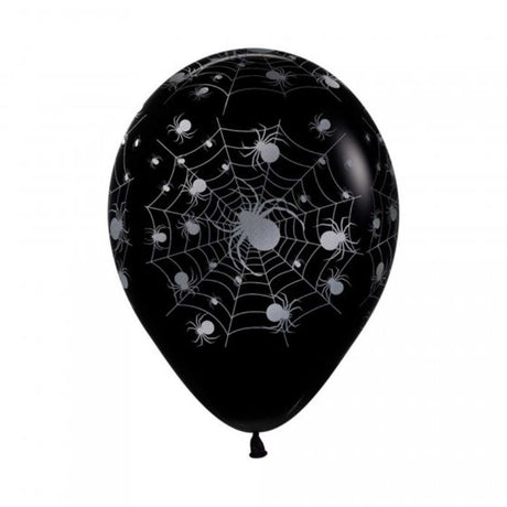 Pack of 12 black latex balloons with silver spider designs, perfect for Halloween and themed parties.