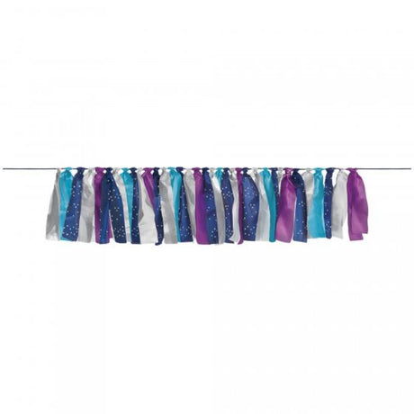 Sparkling Sapphire Tassel Ribbon Garland in metallic fabric, 21cm wide and 1.82m long, perfect for elegant celebrations.