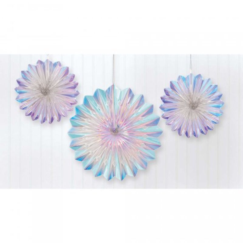 Iridescent foil fan decorations in a pack of 3, perfect for enhancing birthdays and celebrations with vibrant shimmer.