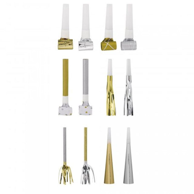 Pack of 50 silver and gold party noisemakers, perfect for adding fun to any celebration or festive event.