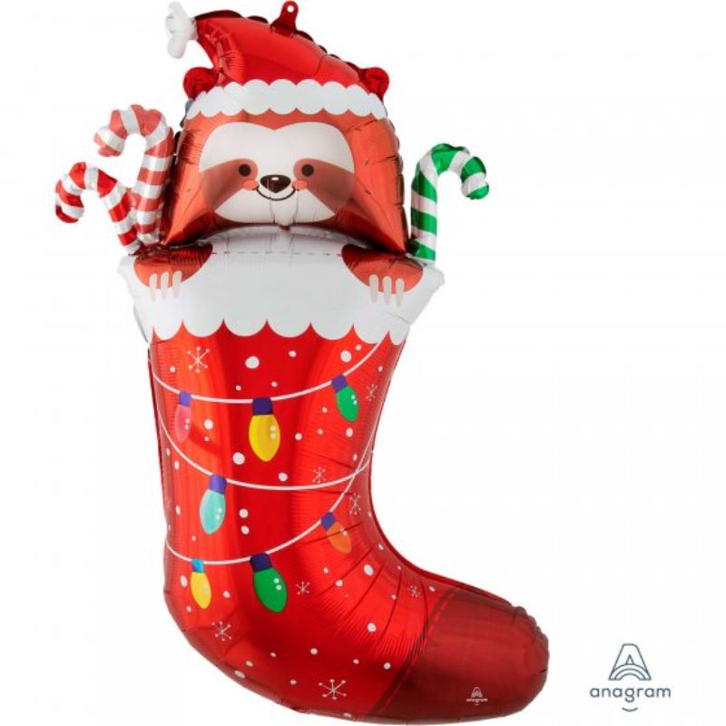 Supershape Christmas stocking featuring a playful sloth design, perfect for festive decor and gift storage.