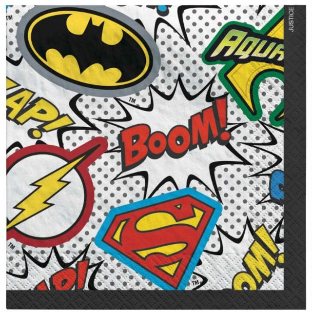 Vibrant Justice League Heroes Unite beverage napkins featuring DC superheroes, perfect for kids' parties and celebrations.