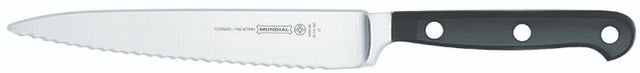 Mundial 15cm serrated utility knife with high-carbon stainless steel blade and ergonomic handle for precision cutting.