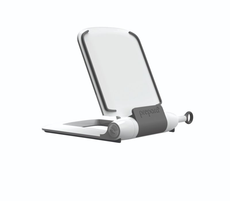 Tablet stand and stylus in white, designed for secure tablet use while cooking, featuring adjustable angles and non-slip grip.