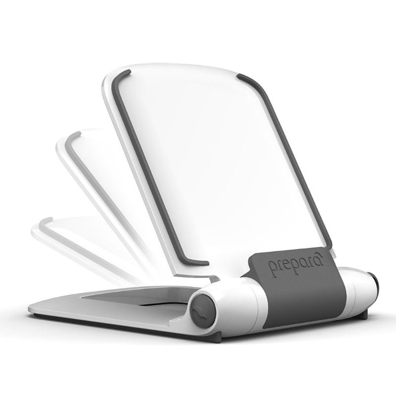 White Prepara iPrep Tablet Stand with stylus, featuring adjustable angles, non-slip grip, and compact foldable design for cooking.