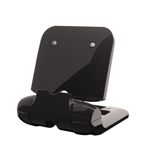 Compact black tablet stand for smartphones and mini tablets, featuring adjustable angles and a non-slip grip for stability.