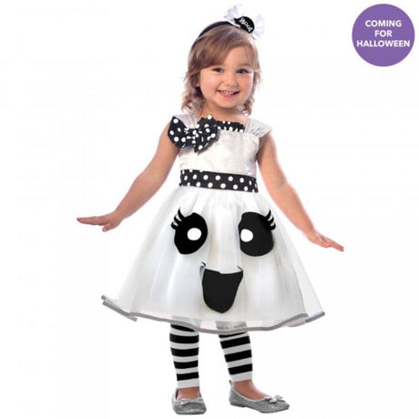 Adorable ghost costume for girls aged 4-6, featuring a white dress and whimsical headband for Halloween fun.