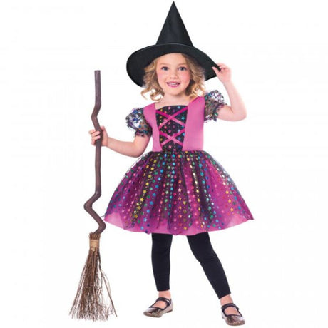 Vibrant rainbow witch costume for toddlers, featuring a colorful dress and matching hat, perfect for play and Halloween.