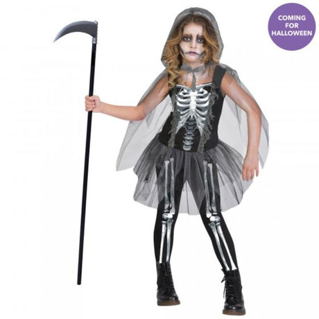 Grim Reaper costume for girls 12-14, featuring a detailed top, leggings, and a hooded cape for stylish Halloween fun.