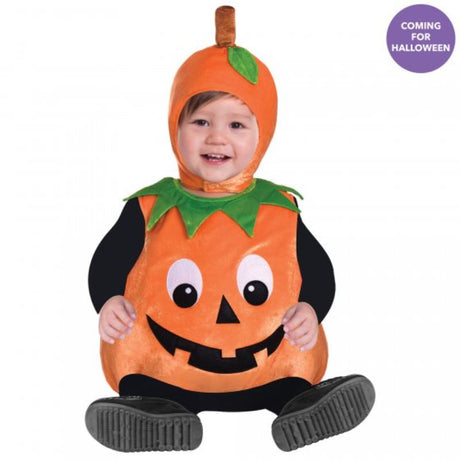 Adorable pumpkin costume for babies, featuring a vibrant orange design and matching hat, perfect for Halloween festivities.