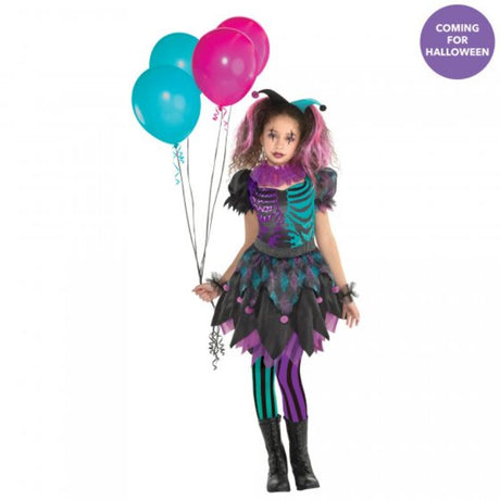 Haunted Harlequin costume for girls 6-8, featuring a patterned dress, wrist cuffs, collar, headband, and tights for Halloween fun.